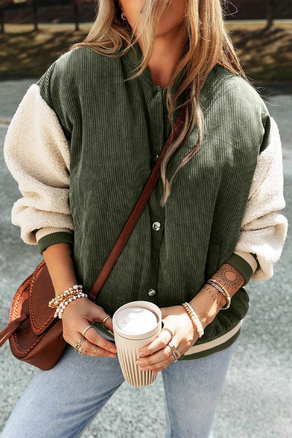 Contrast Baseball Collar Snap Down Long Sleeve Jacket - Delanoir