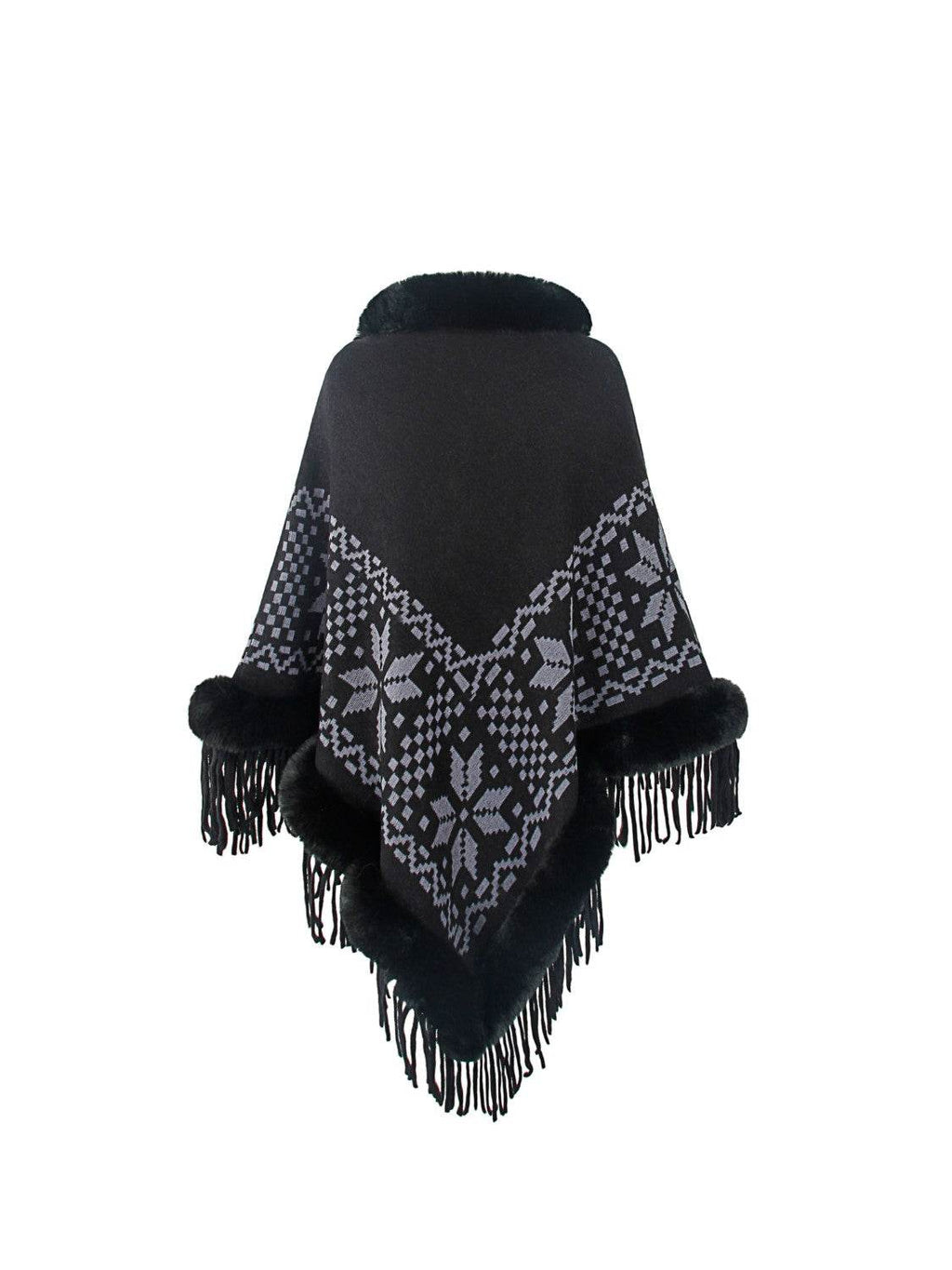 Fringe Geometric Cape Sleeve Poncho - Delanoir