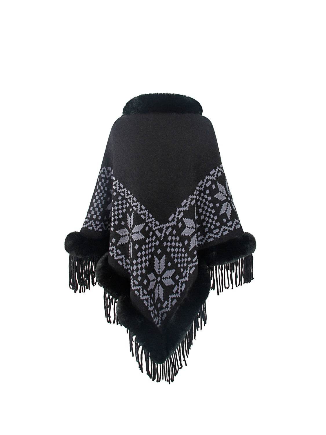 Fringe Geometric Cape Sleeve Poncho - Delanoir