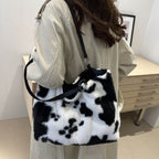 Cow Print Furry Tote Bag - Delanoir