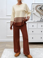 Devine Slit Striped Round Neck Top and Pants Sweater Set - Delanoir