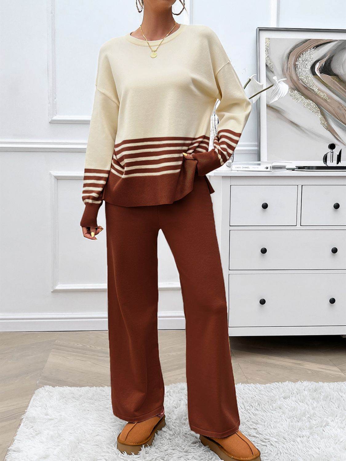 Devine Slit Striped Round Neck Top and Pants Sweater Set - Delanoir