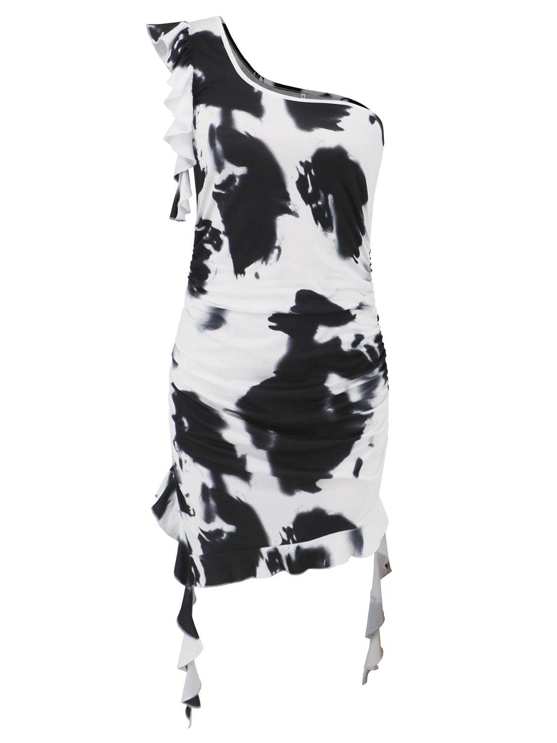 Ruffled Tie-Dye Single Shoulder Mini Dress - Delanoir
