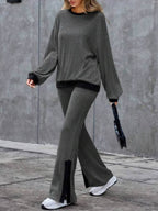 Contrast Round Neck Long Sleeve Top and Bootcut Pants Set - Delanoir