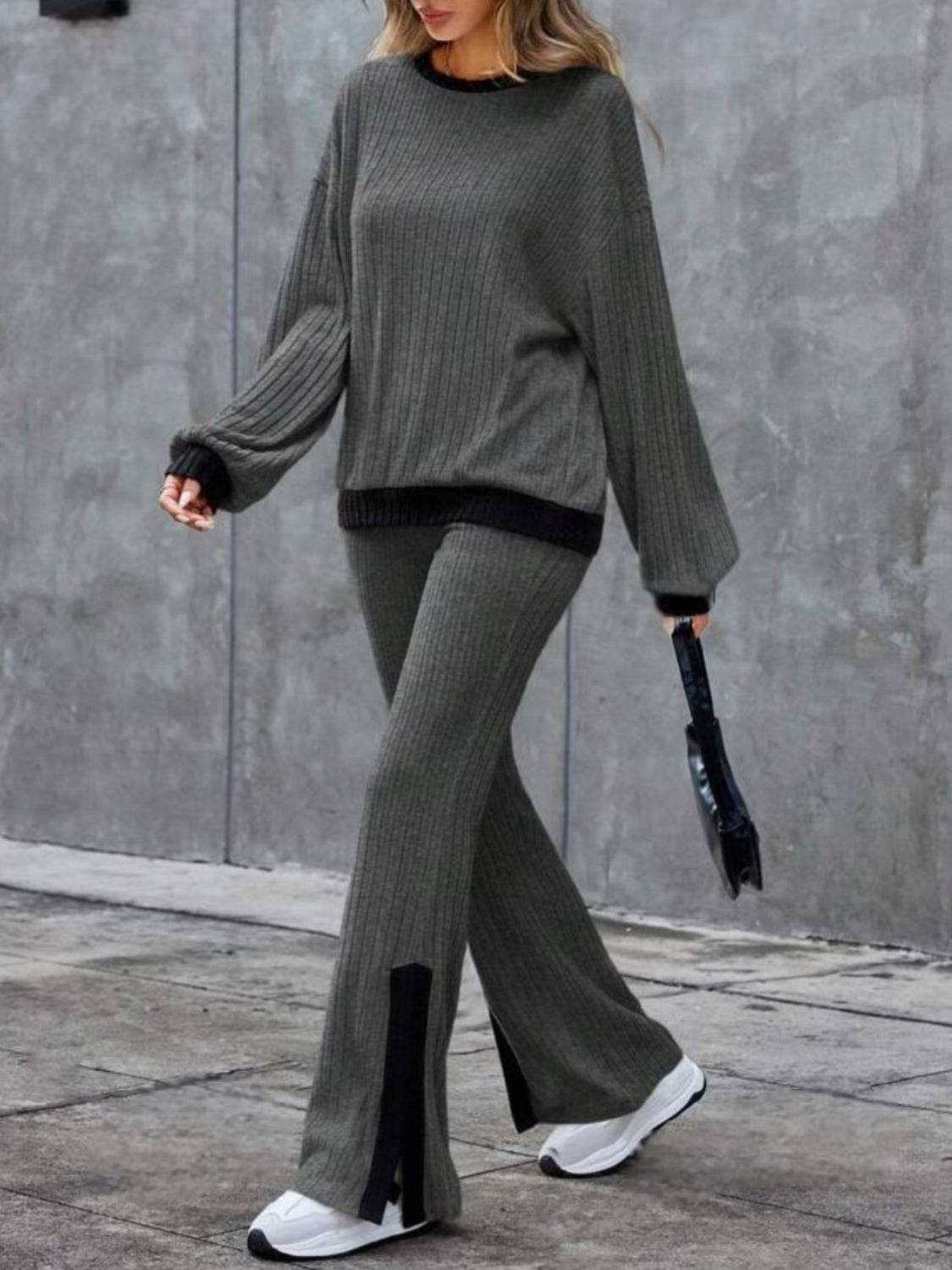 Contrast Round Neck Long Sleeve Top and Bootcut Pants Set - Delanoir