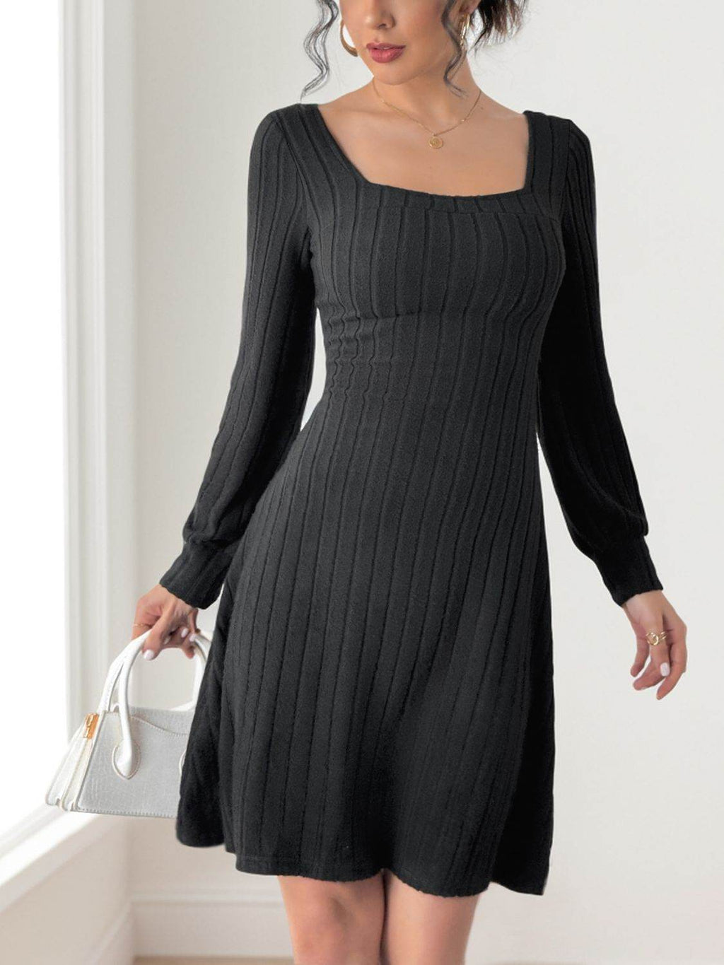 Perfee Butterfly Square Neck Long Sleeve Dress - Delanoir