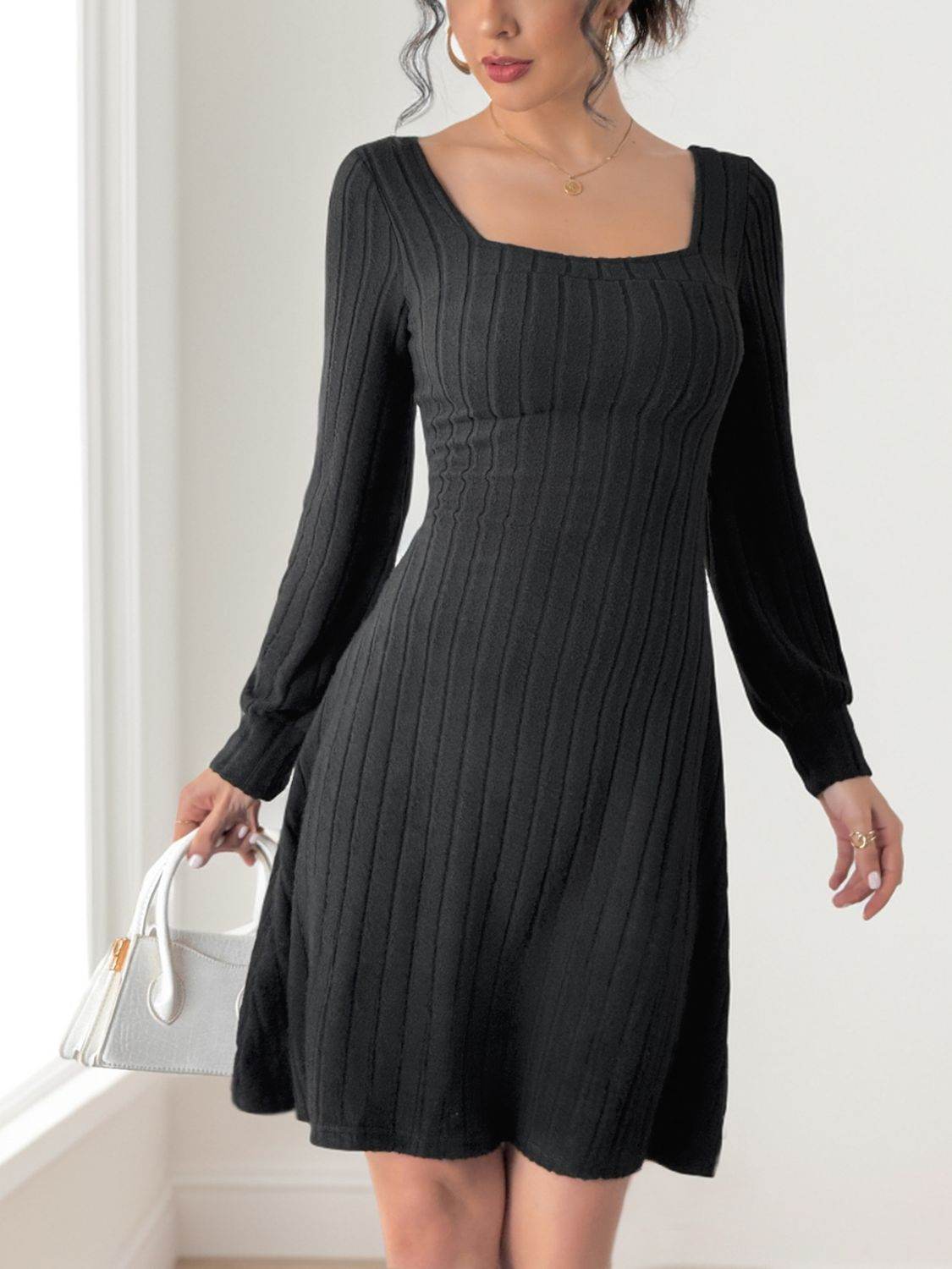 Perfee Butterfly Square Neck Long Sleeve Dress - Delanoir