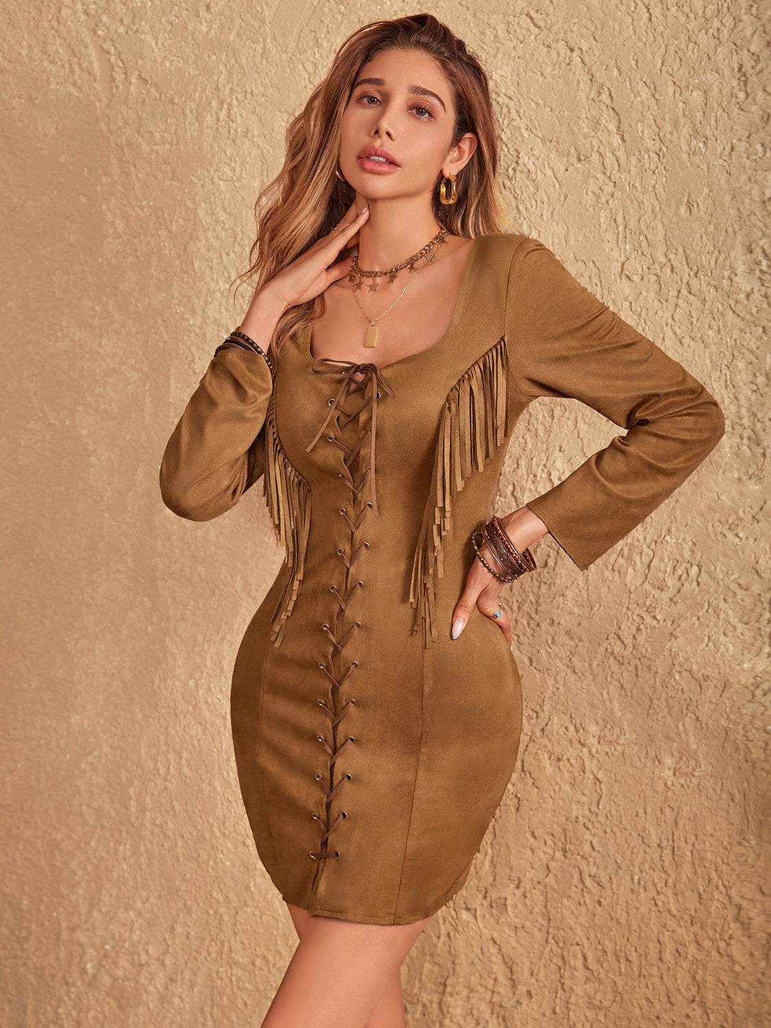Fringe Lace Up Square Neck Long Sleeve Mini Dress - Delanoir