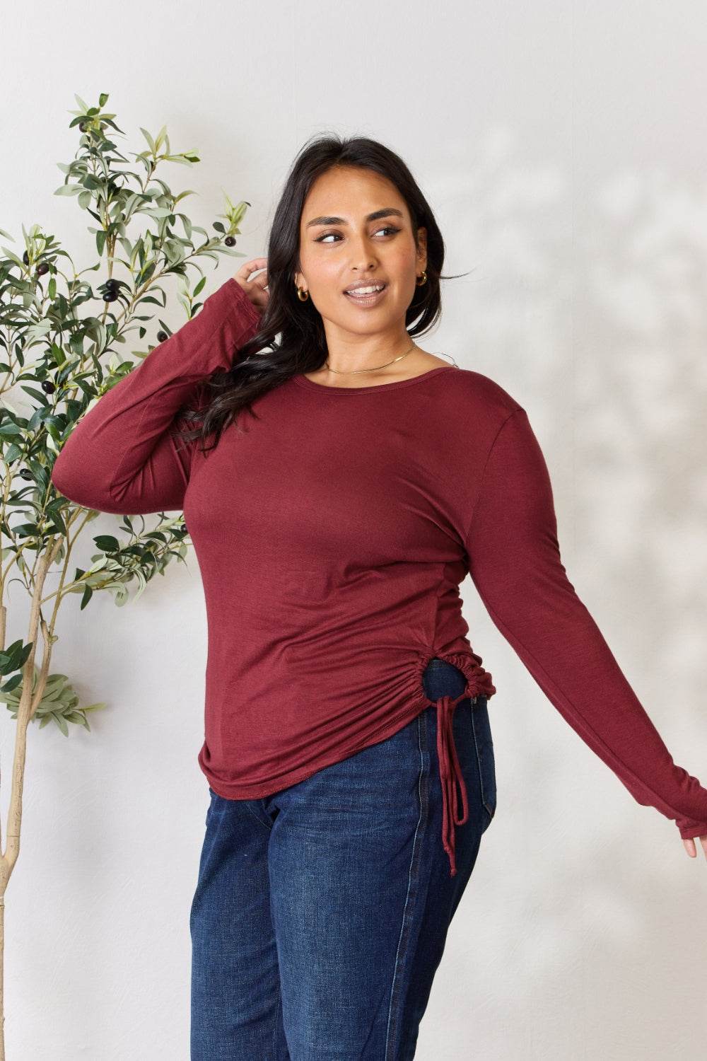 Culture Code Full Size Drawstring Round Neck Long Sleeve Top - Delanoir