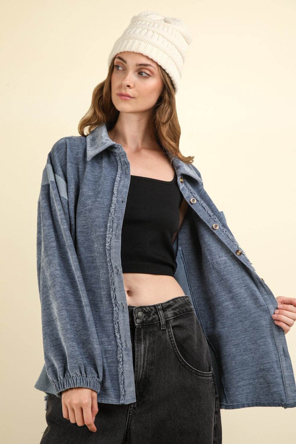 VERY J Mixed Media Button Down Raw Hem Shacket - Delanoir