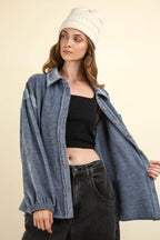 VERY J Mixed Media Button Down Raw Hem Shacket - Delanoir