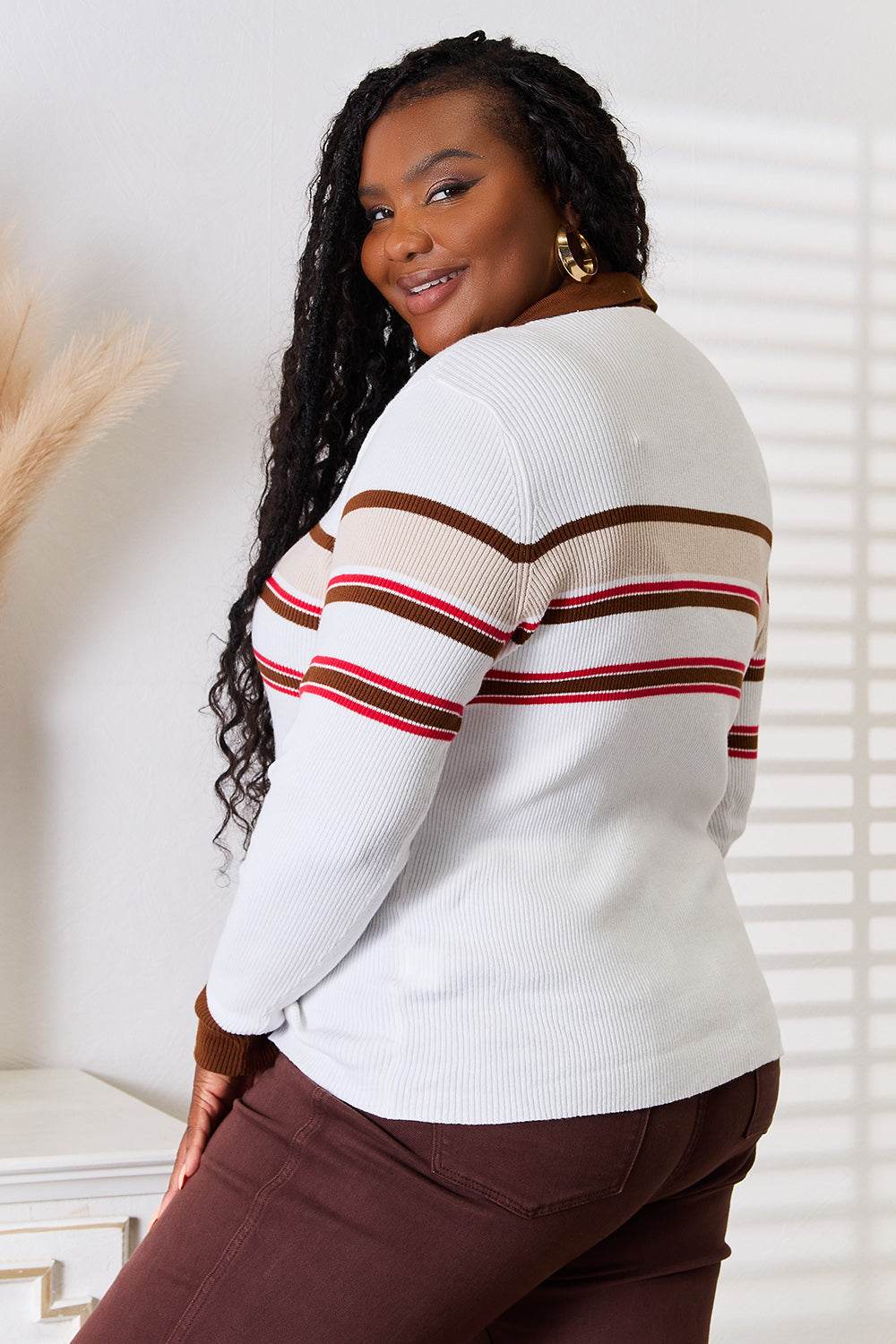 Basic Bae Striped Collared Neck Rib-Knit Top - Delanoir