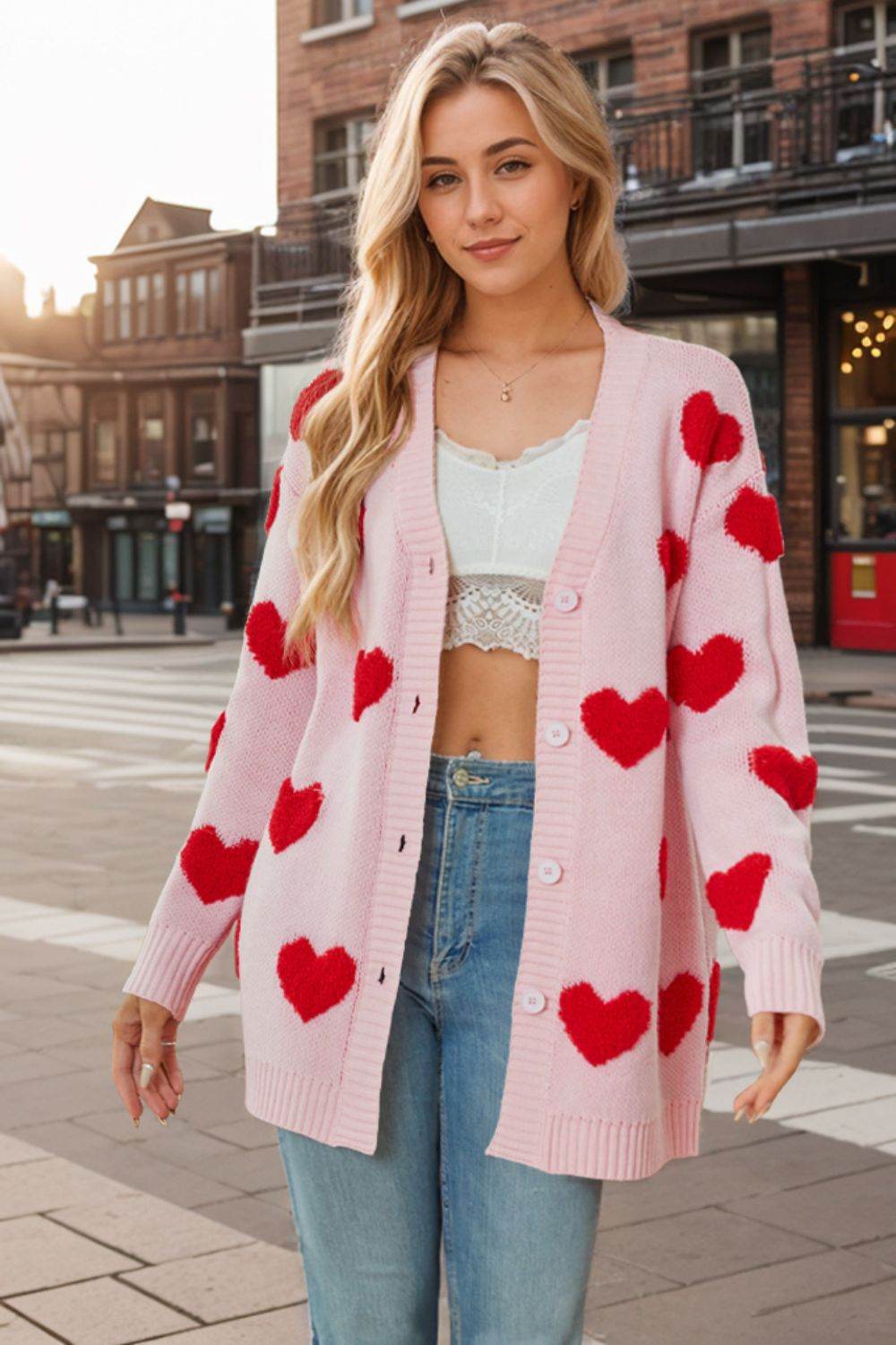 Heart Button Down Long Sleeve Cardigan - Delanoir
