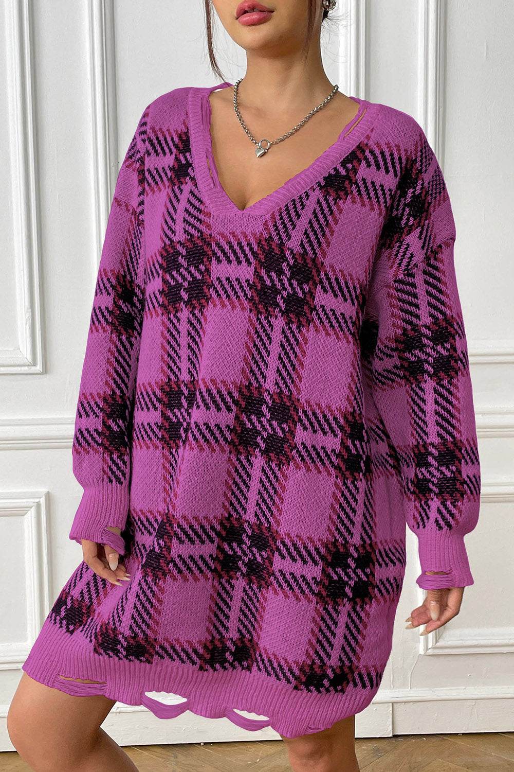 Plaid V-Neck Long Sleeve Sweater Dress - Delanoir