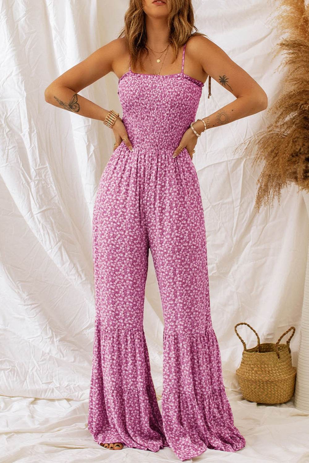 Smocked Printed Wide Strap Jumpsuit - Delanoir