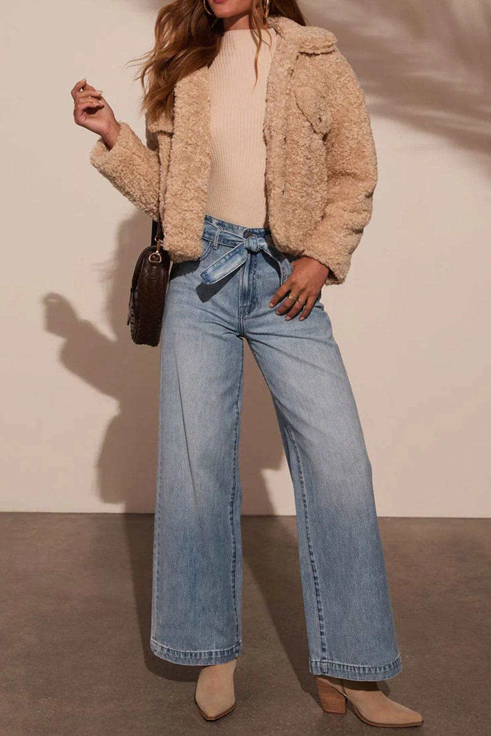 Tied Wide Leg Jeans with Pockets - Delanoir