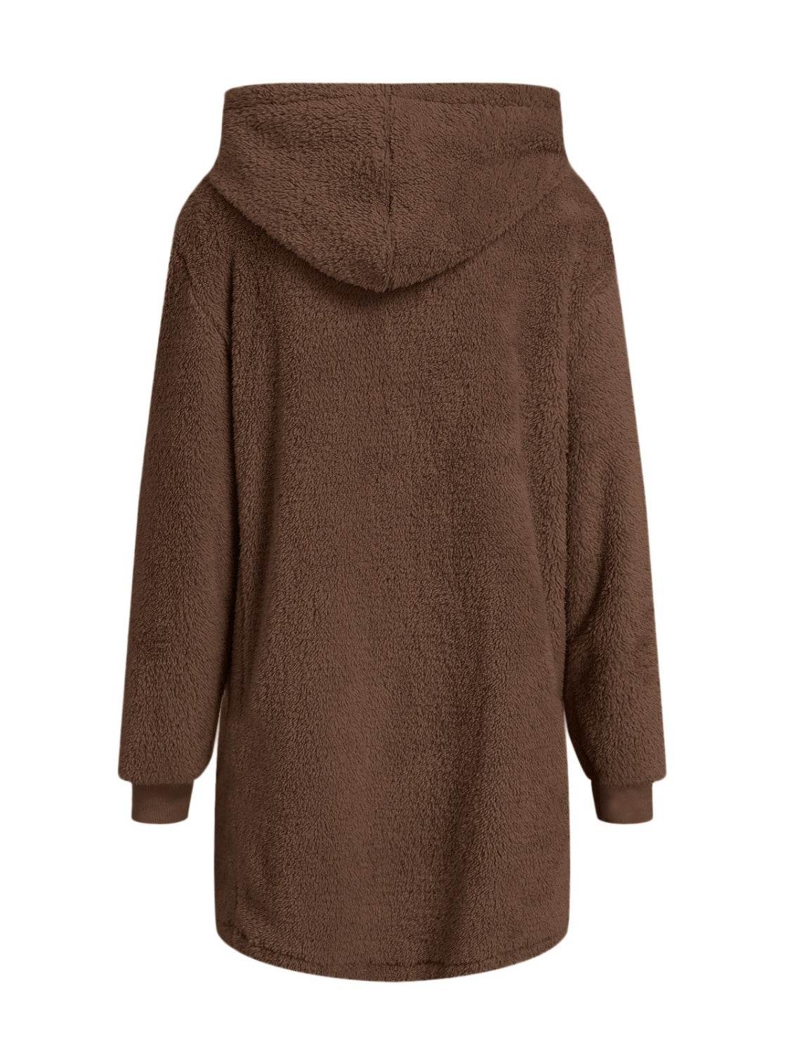 Fuzzy Pocketed Zip Up Long Sleeve Hooded Jacket - Delanoir