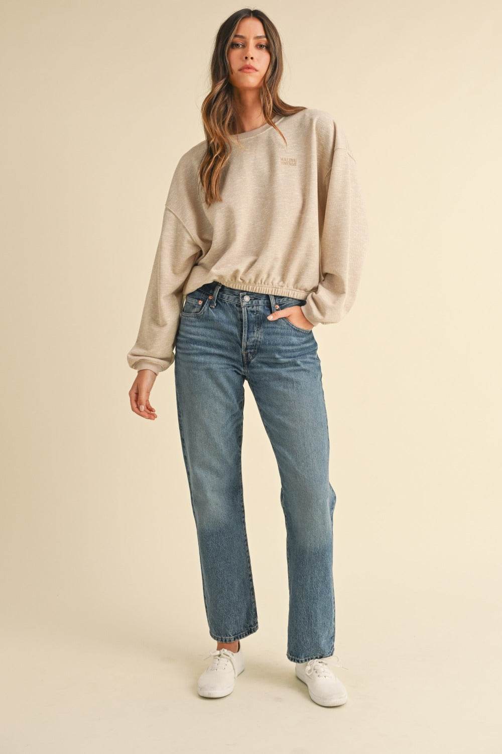 Mable Round Neck Letter Embroidery Crop Sweatshirt - Delanoir