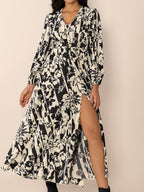 Tied Printed V-Neck Long Sleeve Midi Dress - Delanoir