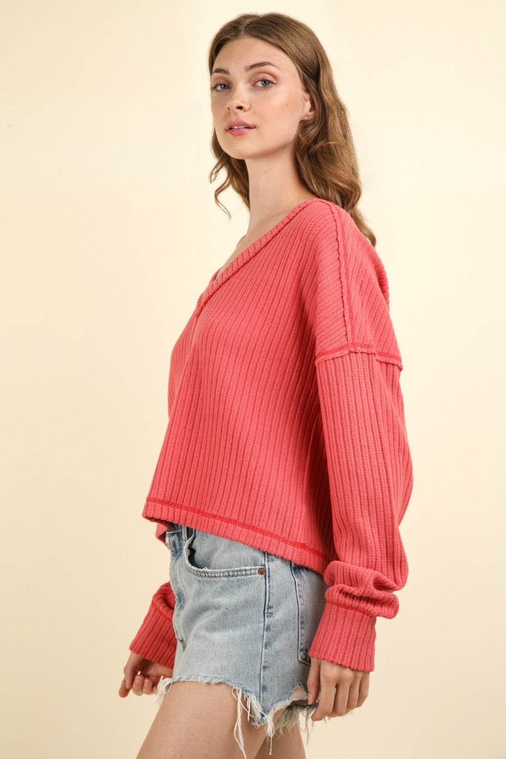 VERY J Exposed Seam V-Neck Ribbed Knit Top - Delanoir