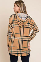 BOMBOM Drawstring Plaid Long Sleeve Hoodie - Delanoir