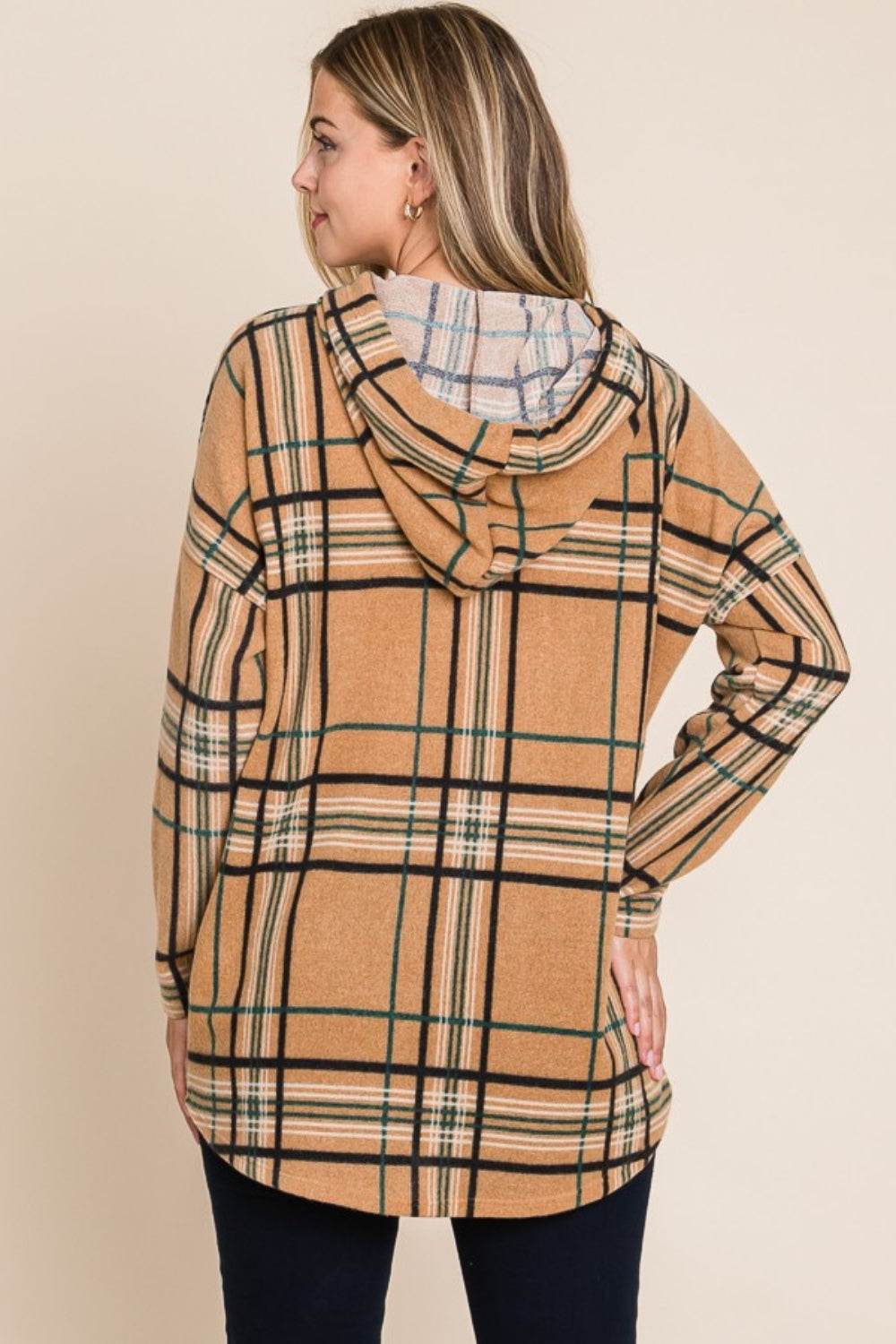 BOMBOM Drawstring Plaid Long Sleeve Hoodie - Delanoir