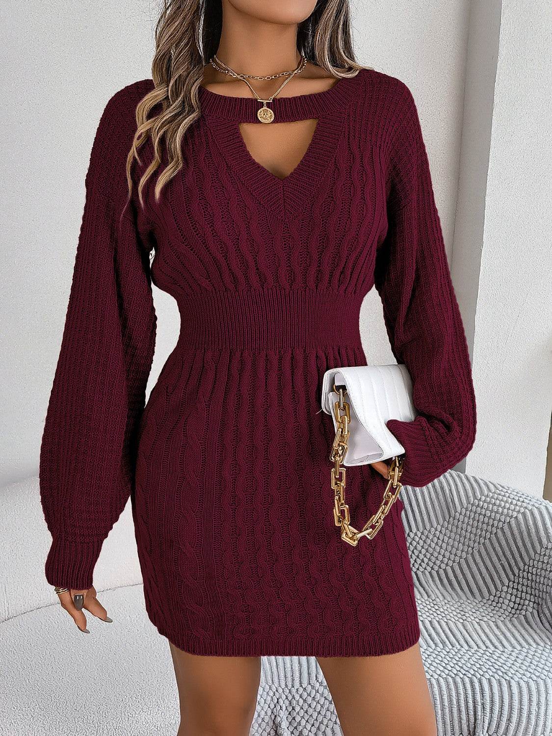 Cable-Knit Cutout Round Neck Slit Sweater Dress - Delanoir