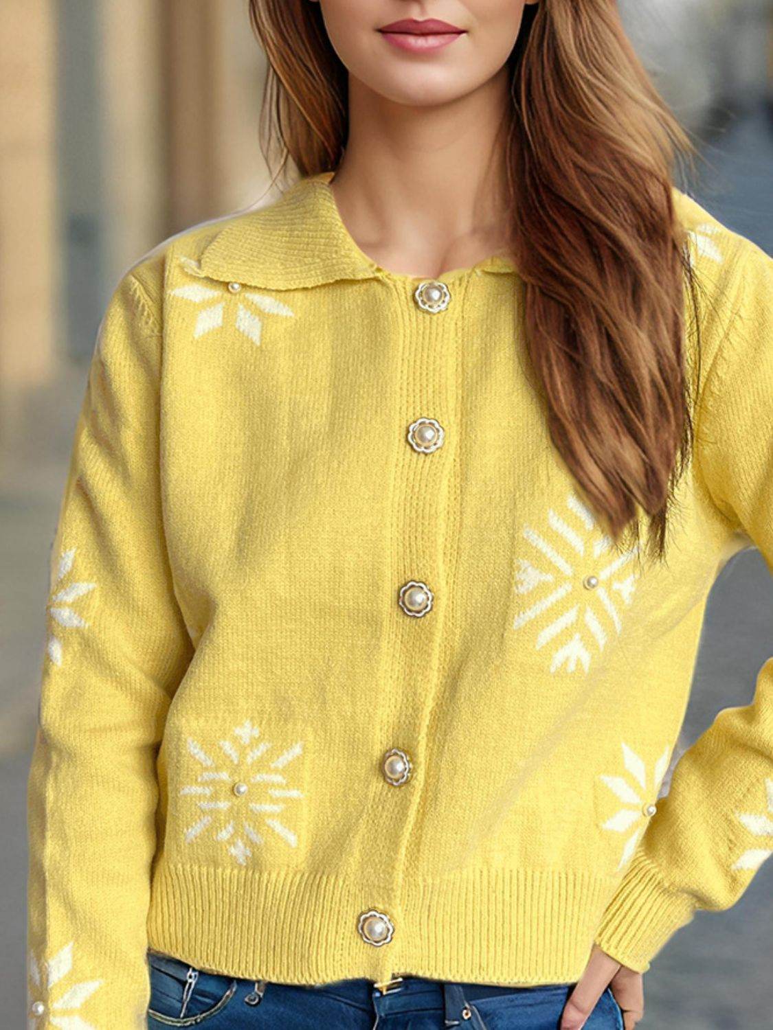 Pearl Trim Collared Neck Long Sleeve Cardigan - Delanoir