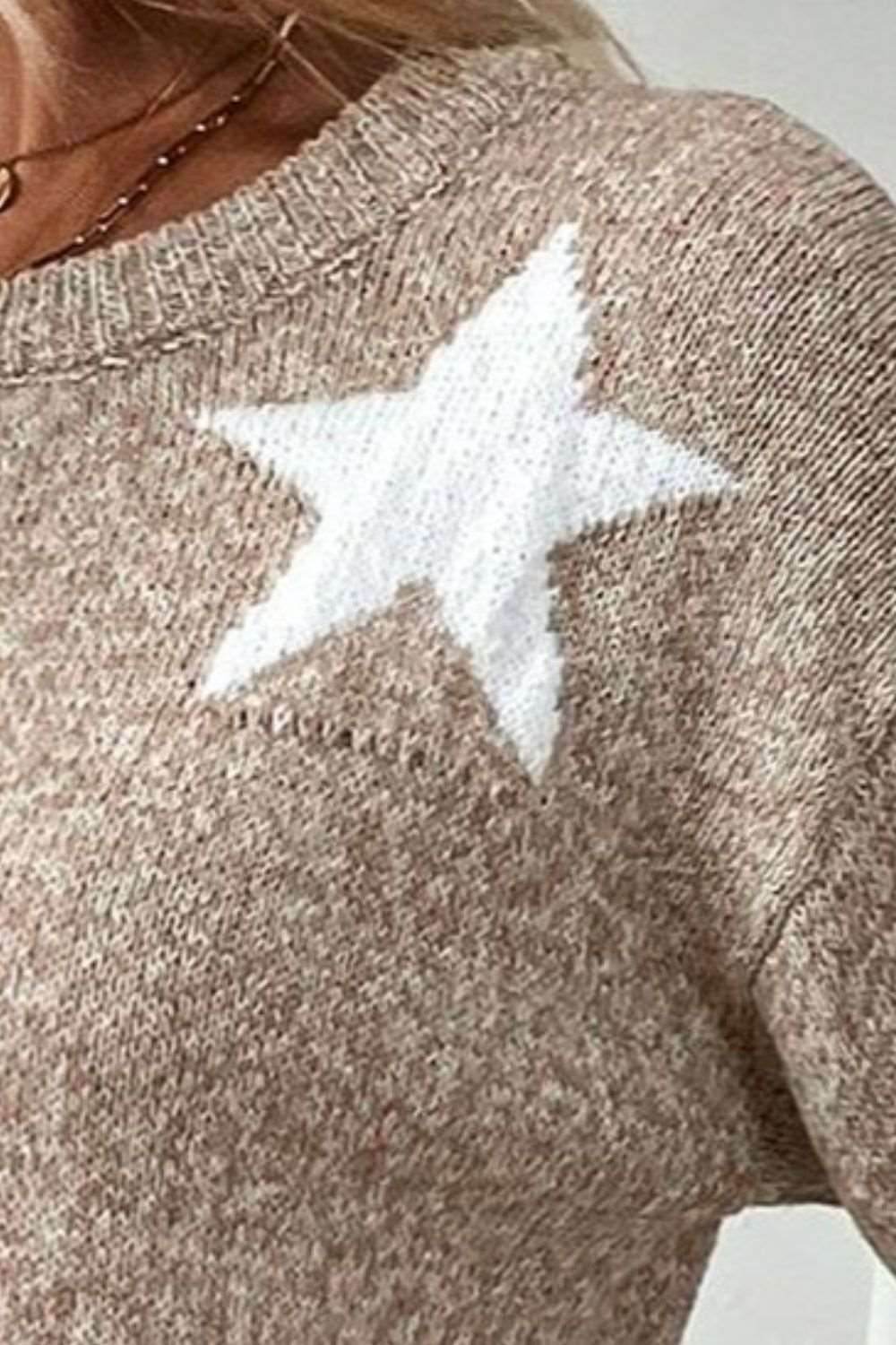 Star Round Neck Dropped Shoulder Sweater - Delanoir