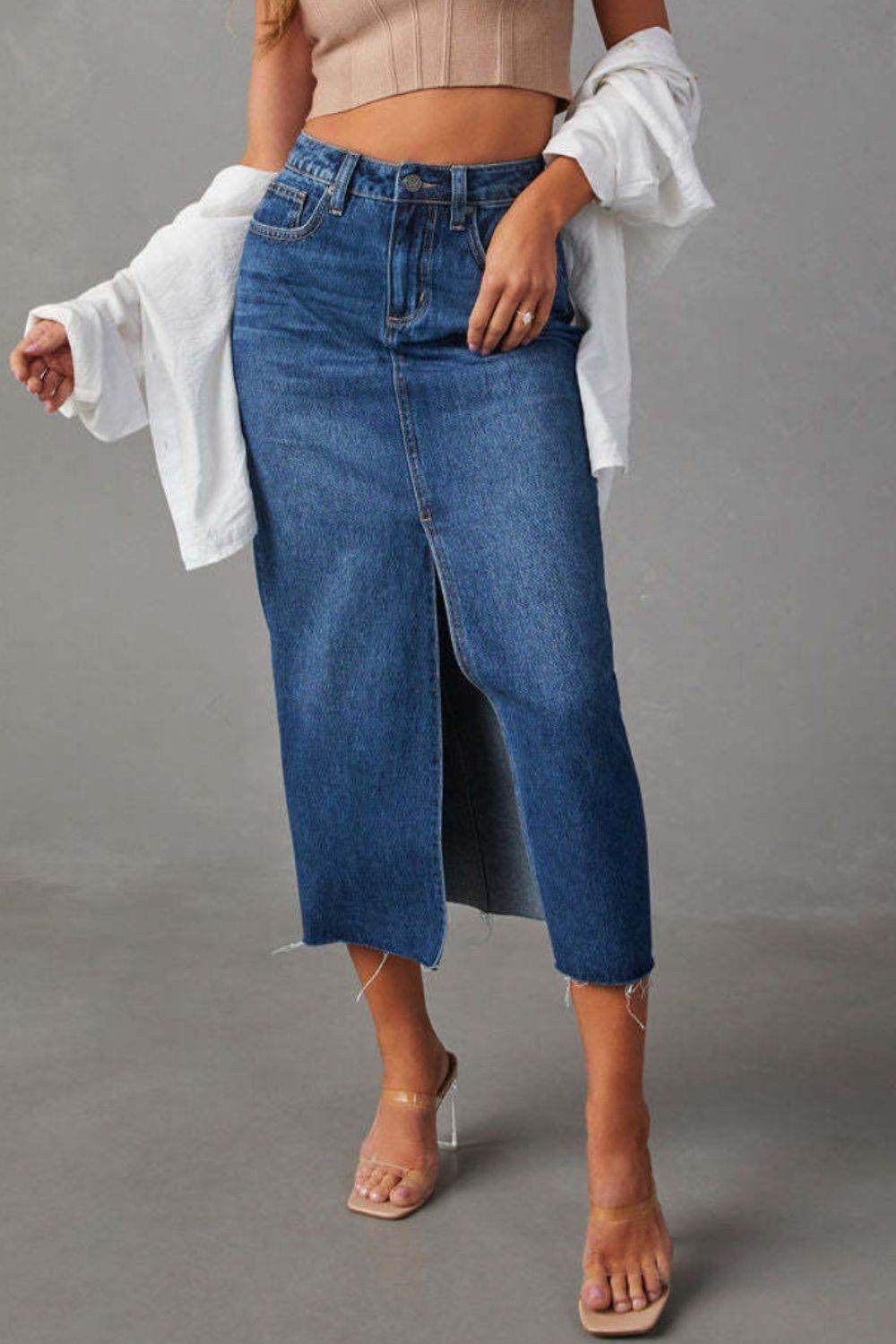 Slit Raw Hem Midi Denim Skirt - Delanoir