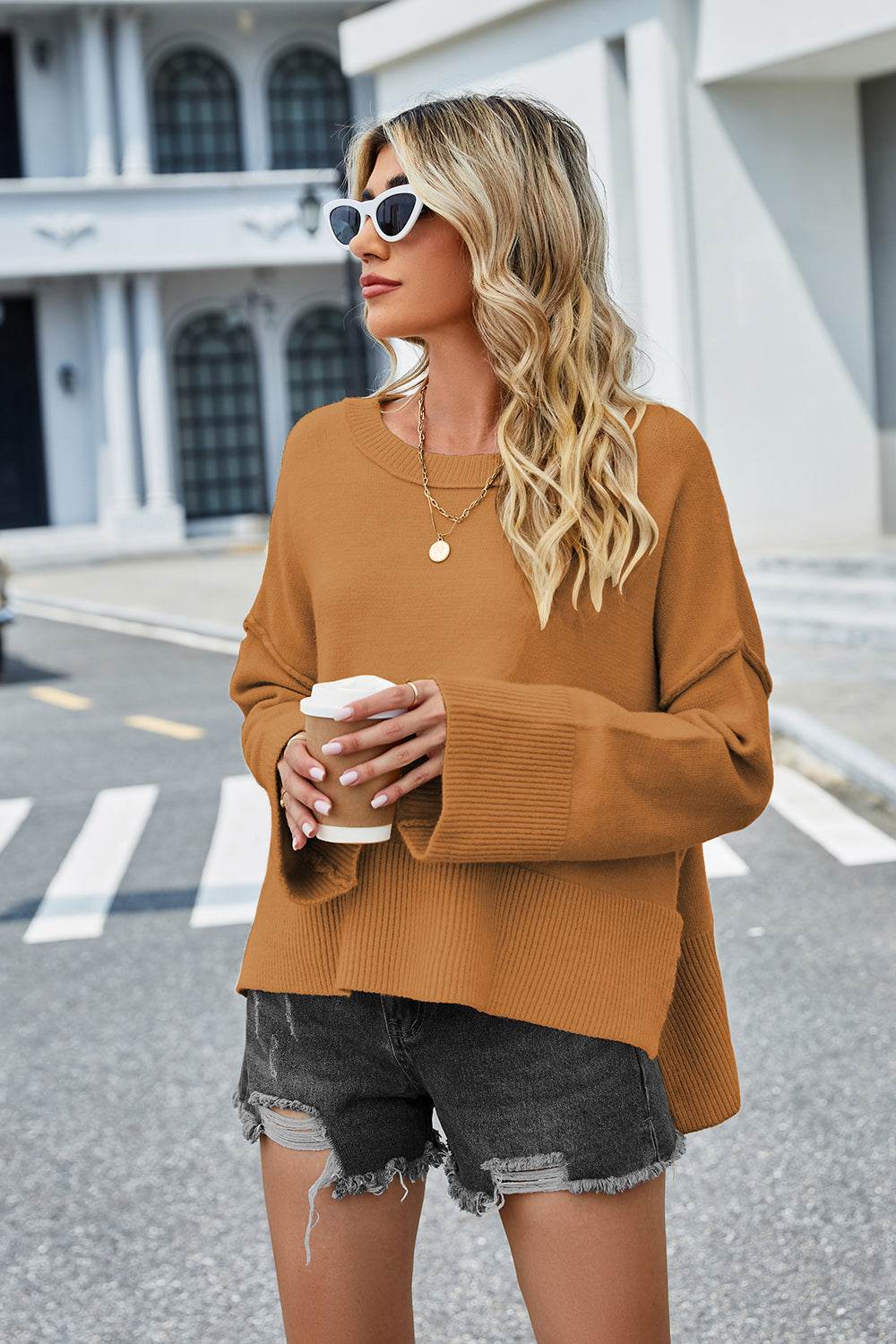 High-Low Slit Round Neck Long Sleeve Sweater - Delanoir