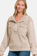 Zenana Acid Washed Half Snap Fleece Sweatshirt - Delanoir