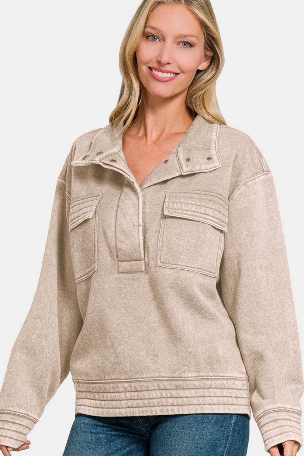 Zenana Acid Washed Half Snap Fleece Sweatshirt - Delanoir