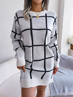 Plaid Round Neck Dropped Shoulder Sweater Dress - Delanoir