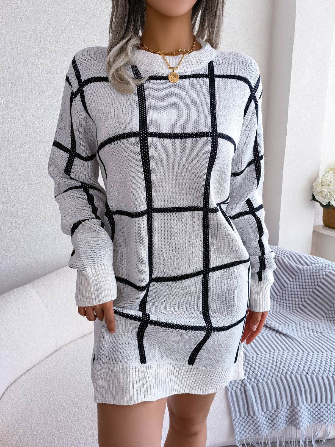 Plaid Round Neck Dropped Shoulder Sweater Dress - Delanoir