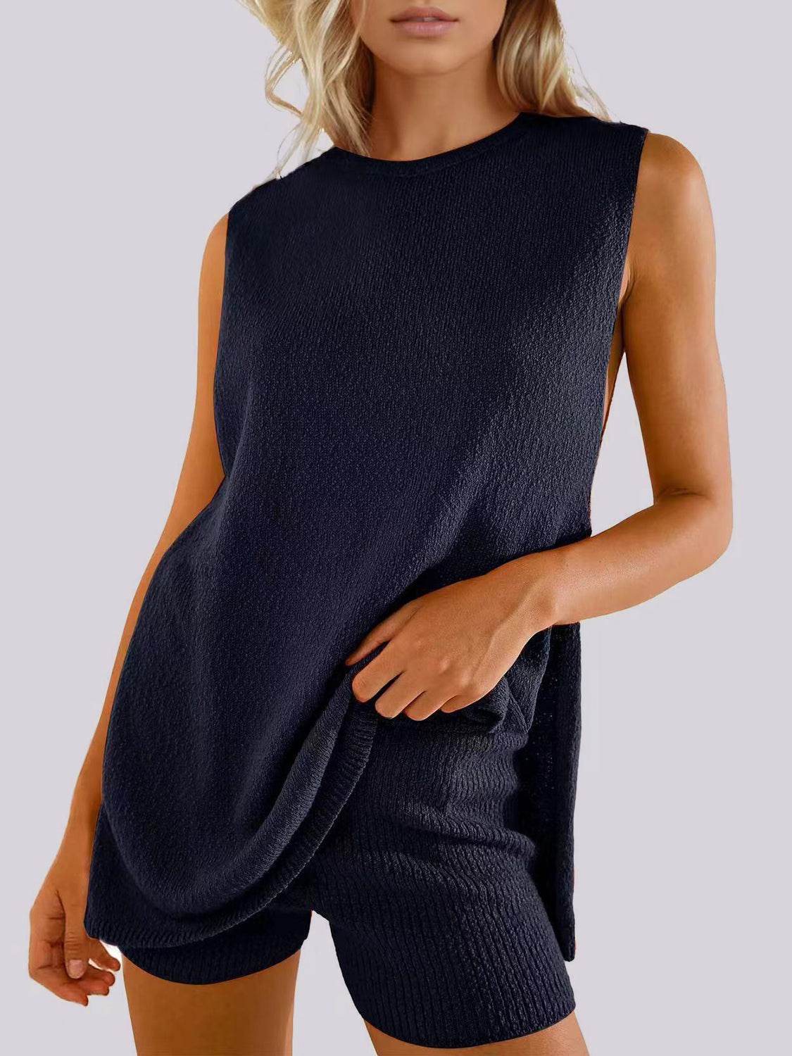 Mandy Side Slit Round Neck Tank and Shorts Sweater Set - Delanoir