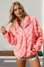 Double Take Checkered Long Sleeve Fuzzy Jacket - Delanoir