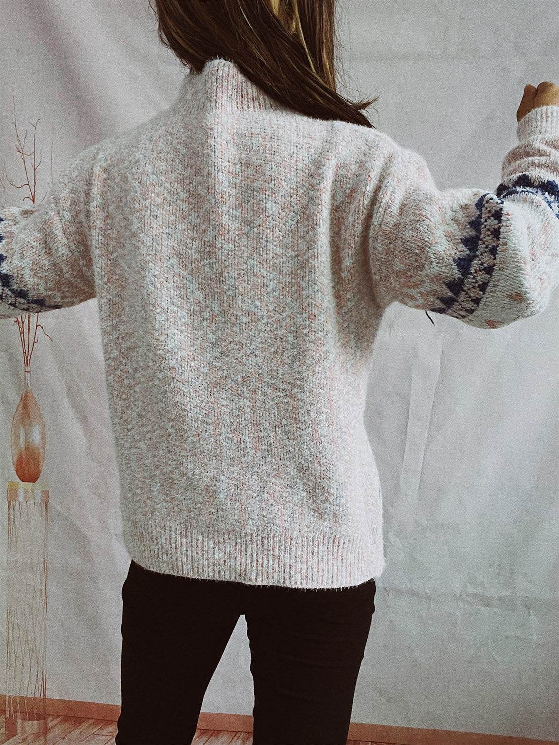 Geometric Mock Neck Dropped Shoulder Sweater - Delanoir