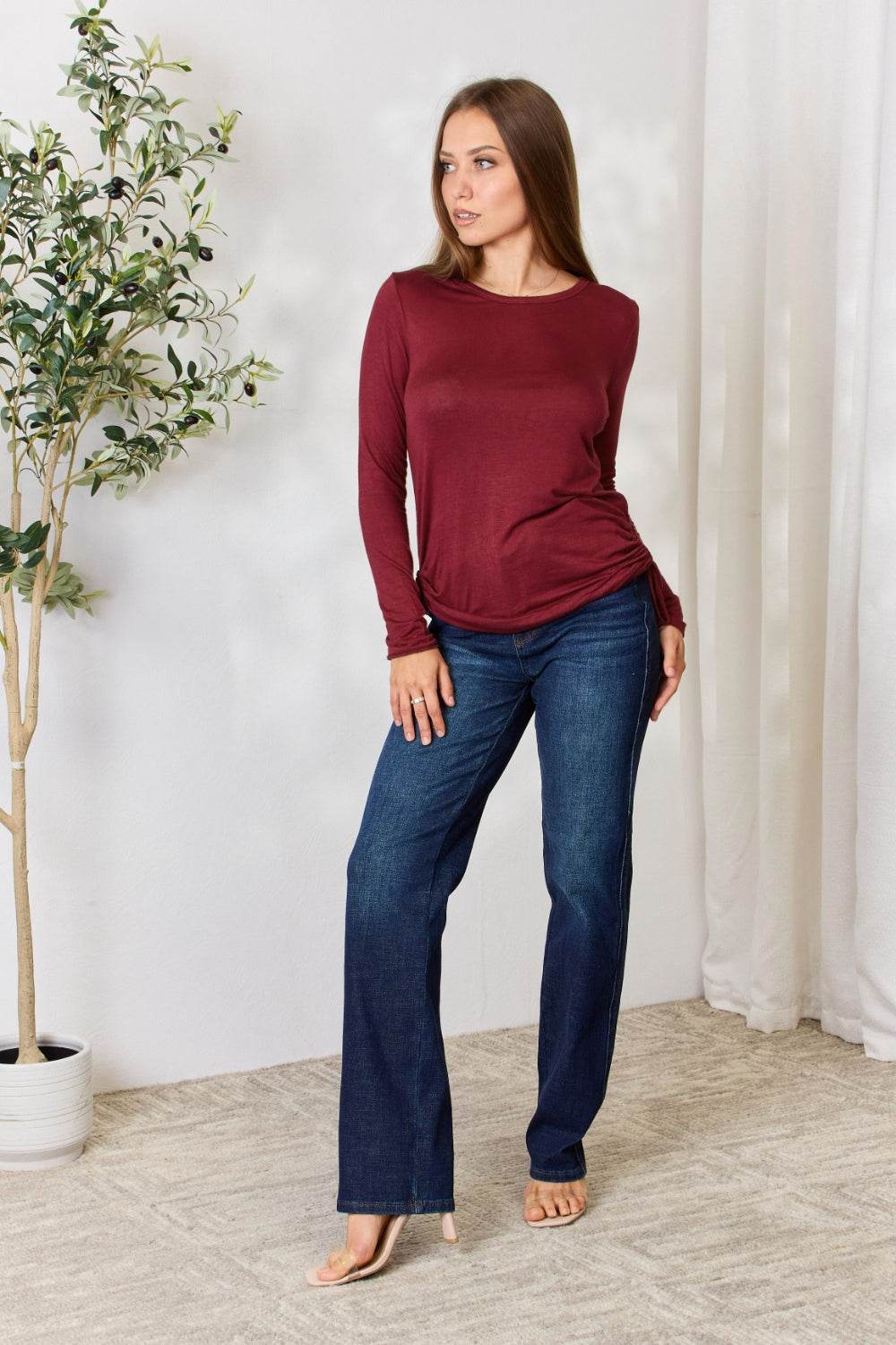 Culture Code Full Size Drawstring Round Neck Long Sleeve Top - Delanoir