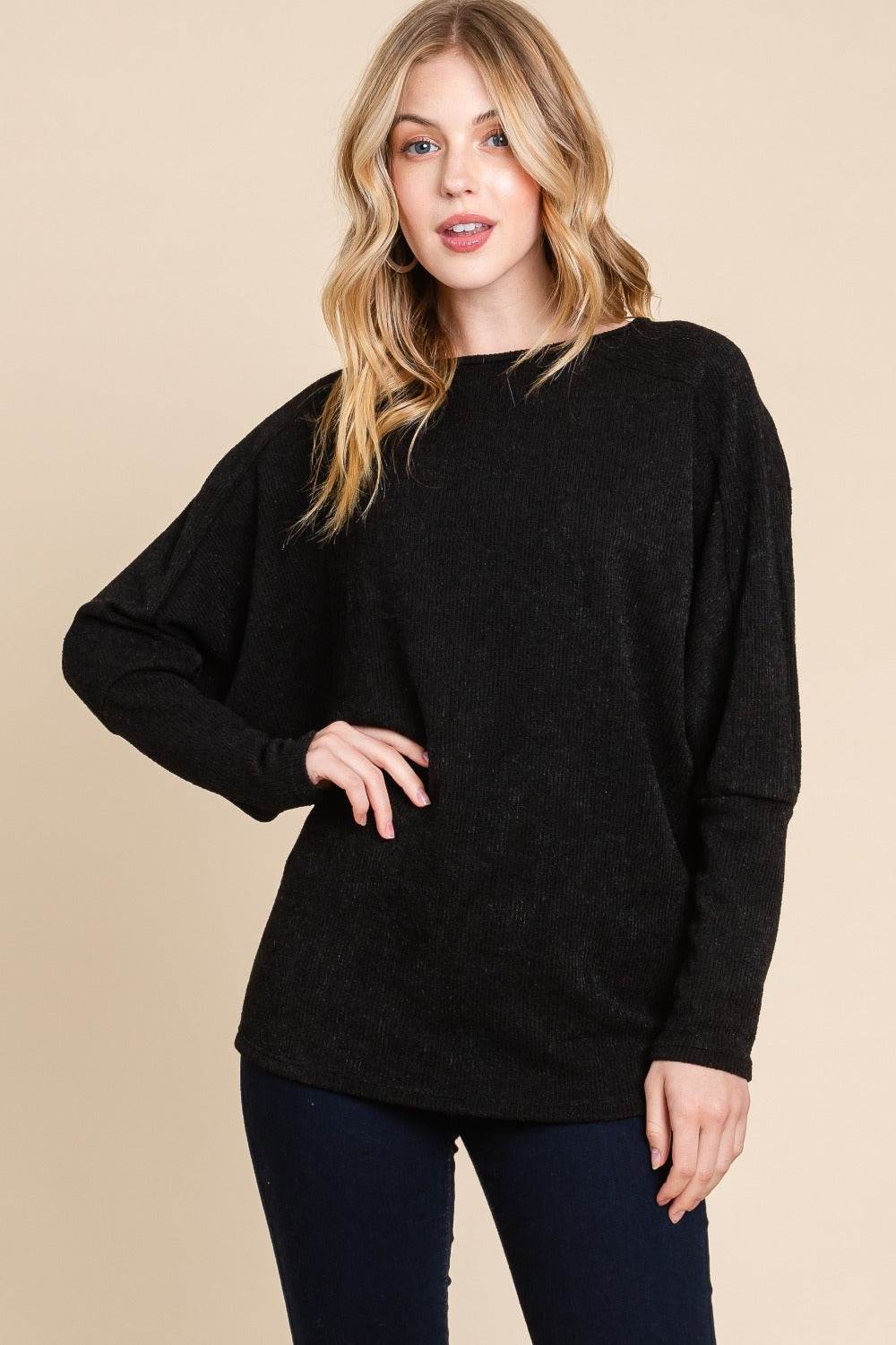 BOMBOM Drop Shoulder Long Sleeve Knit Top - Delanoir