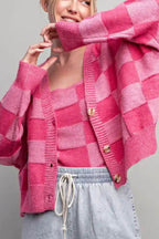 Checkered V-Neck Long Sleeve Cardigan - Delanoir