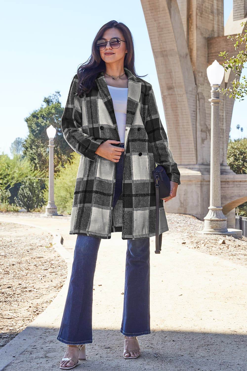 Double Take Full Size Plaid Button Up Lapel Collar Coat - Delanoir