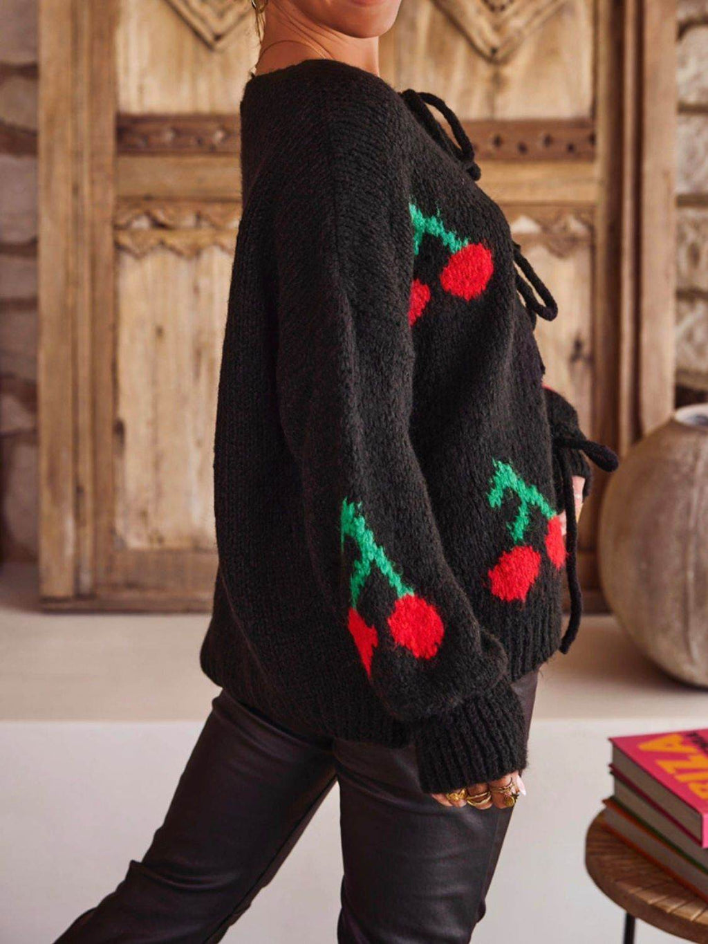 Tied Cherry Round Neck Long Sleeve Cardigan - Delanoir