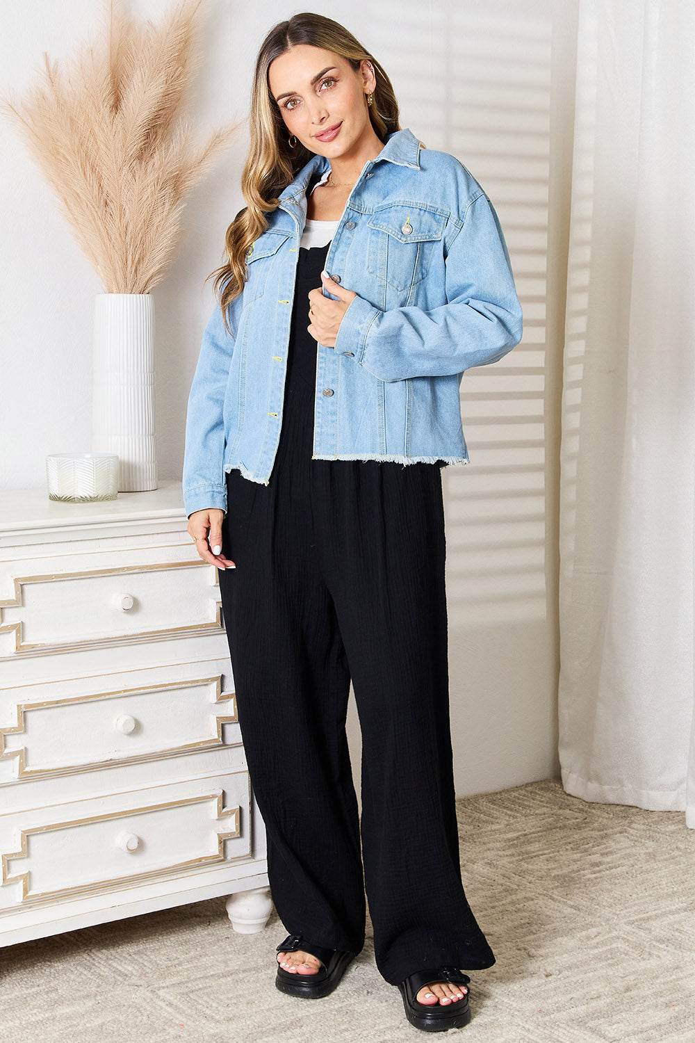 Double Take Dropped Shoulder Raw Hem Denim Jacket - Delanoir