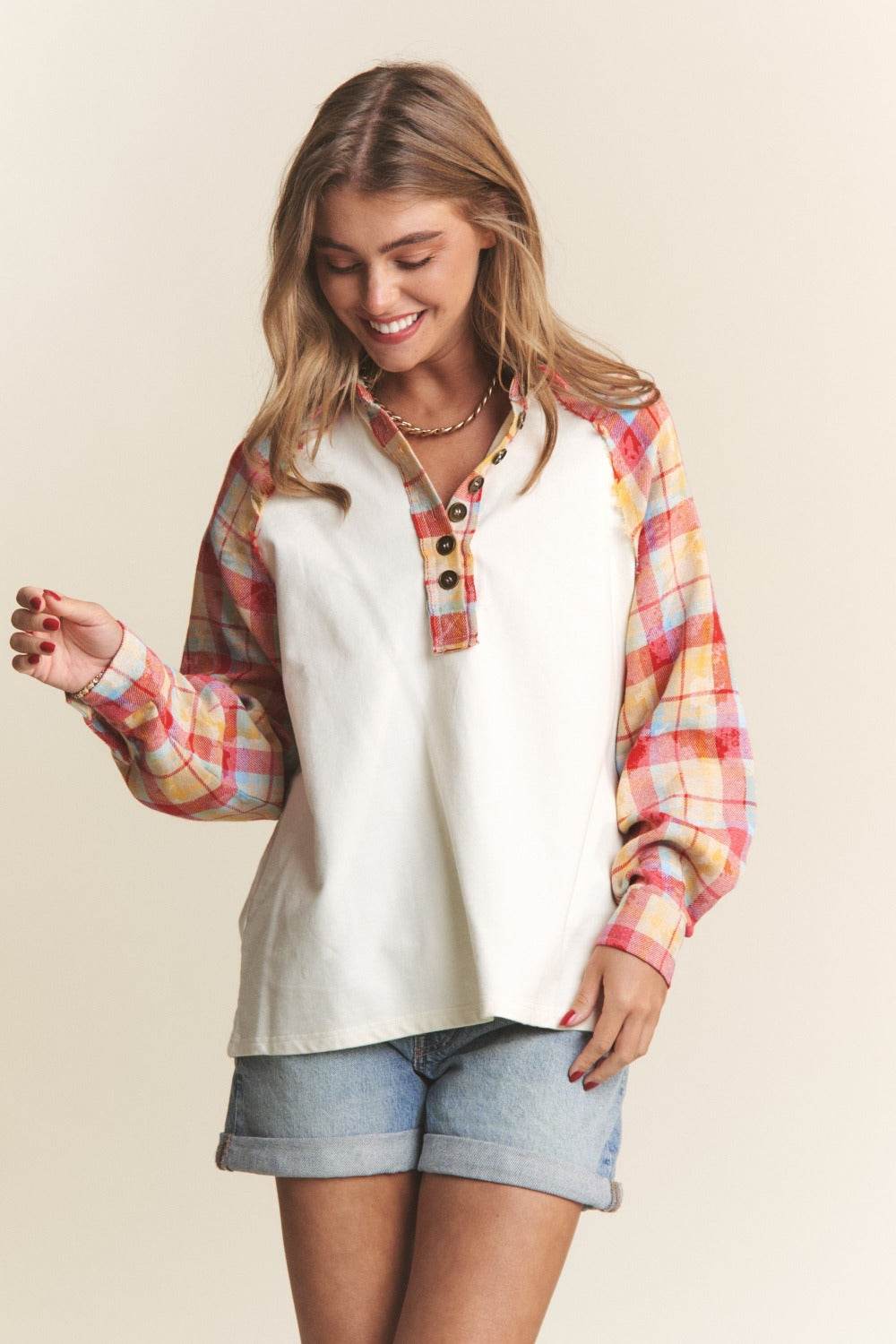 J.NNA Plaid Contrast Button Down Henley Top - Delanoir
