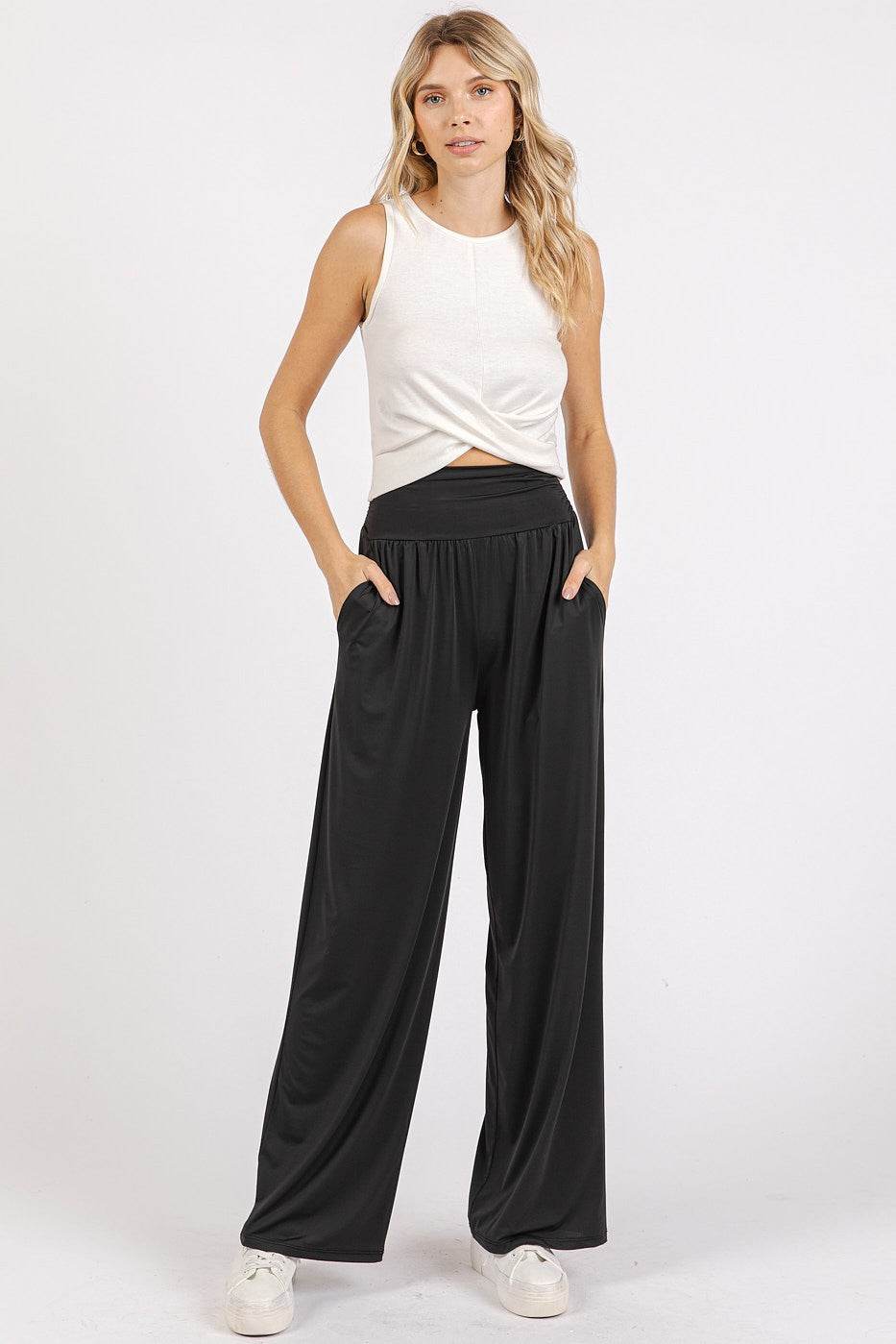Mittoshop Stretch Banded Waist Wide Leg Pants with Pockets - Delanoir