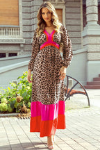 Leopard V-Neck Long Sleeve Maxi Dress - Delanoir