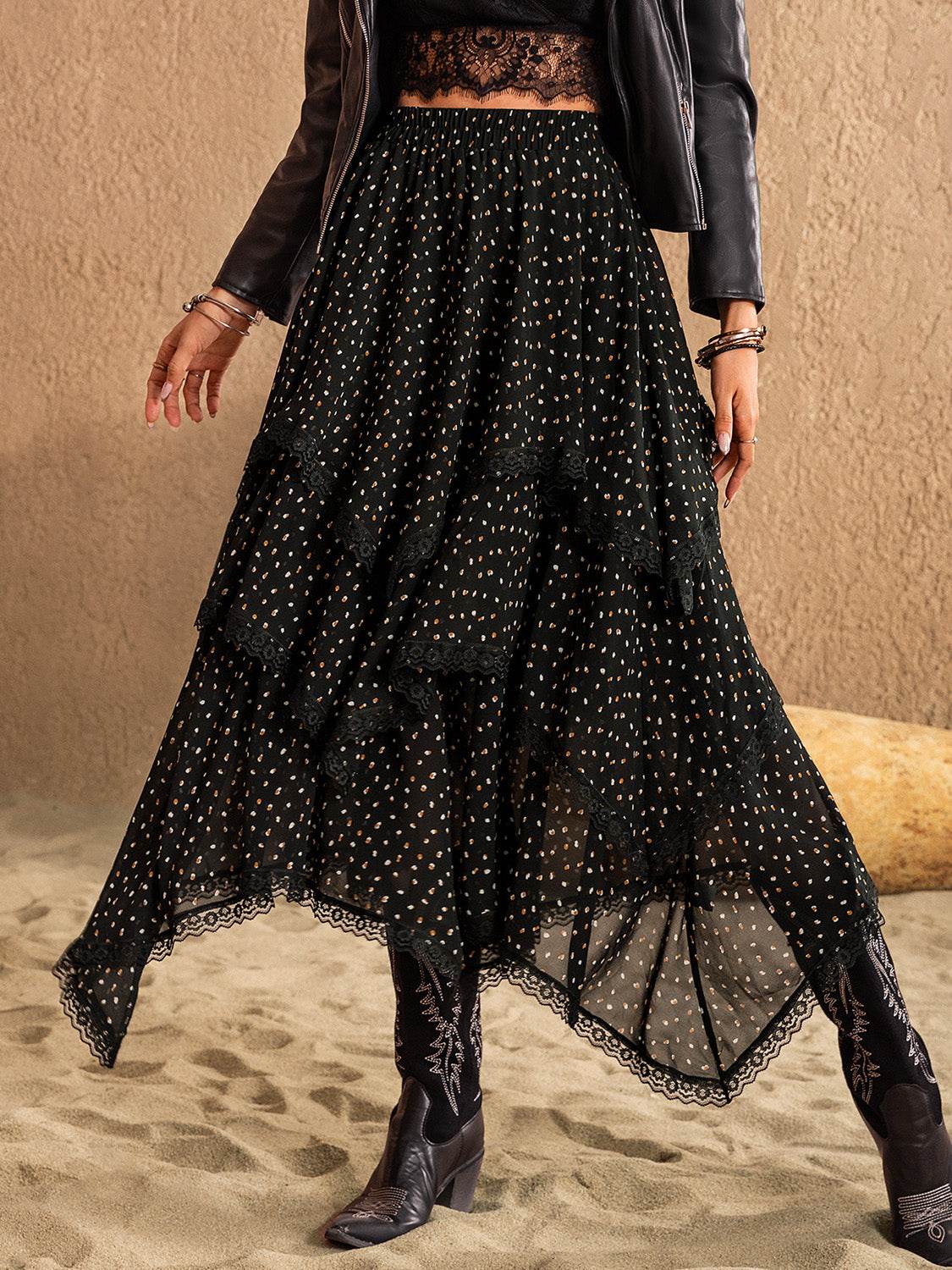 Lace Detail Layered Midi Skirt - Delanoir