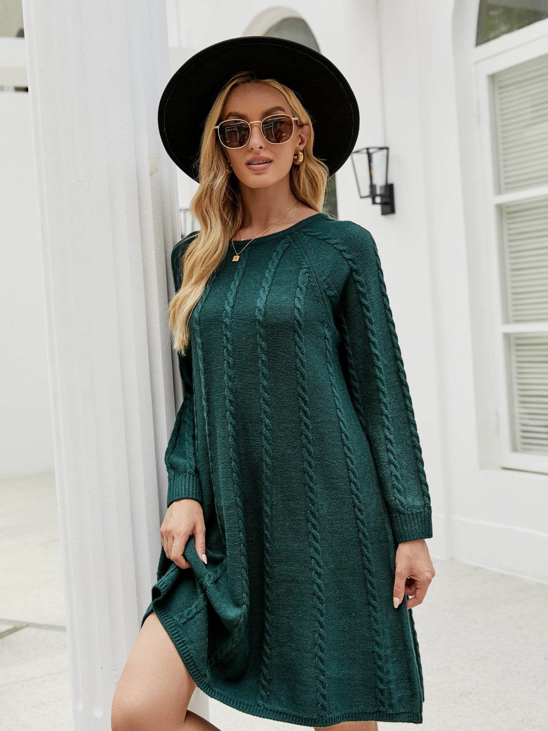 Cable-Knit Long Sleeve Sweater Dress - Delanoir