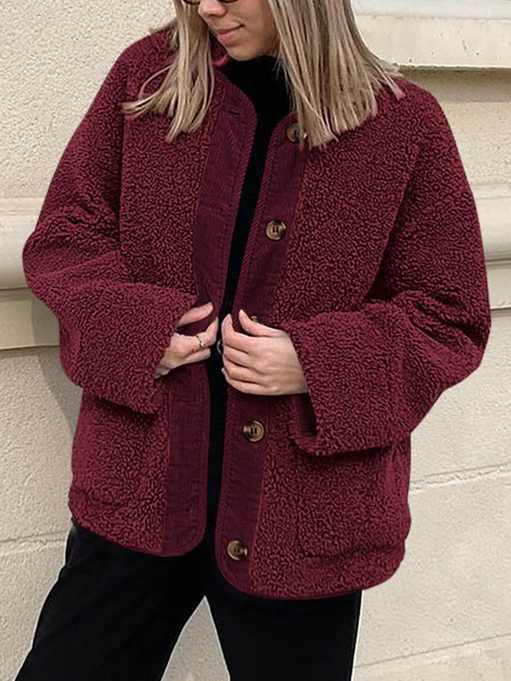 Contrast Button Up Sherpa Jacket with Pockets - Delanoir